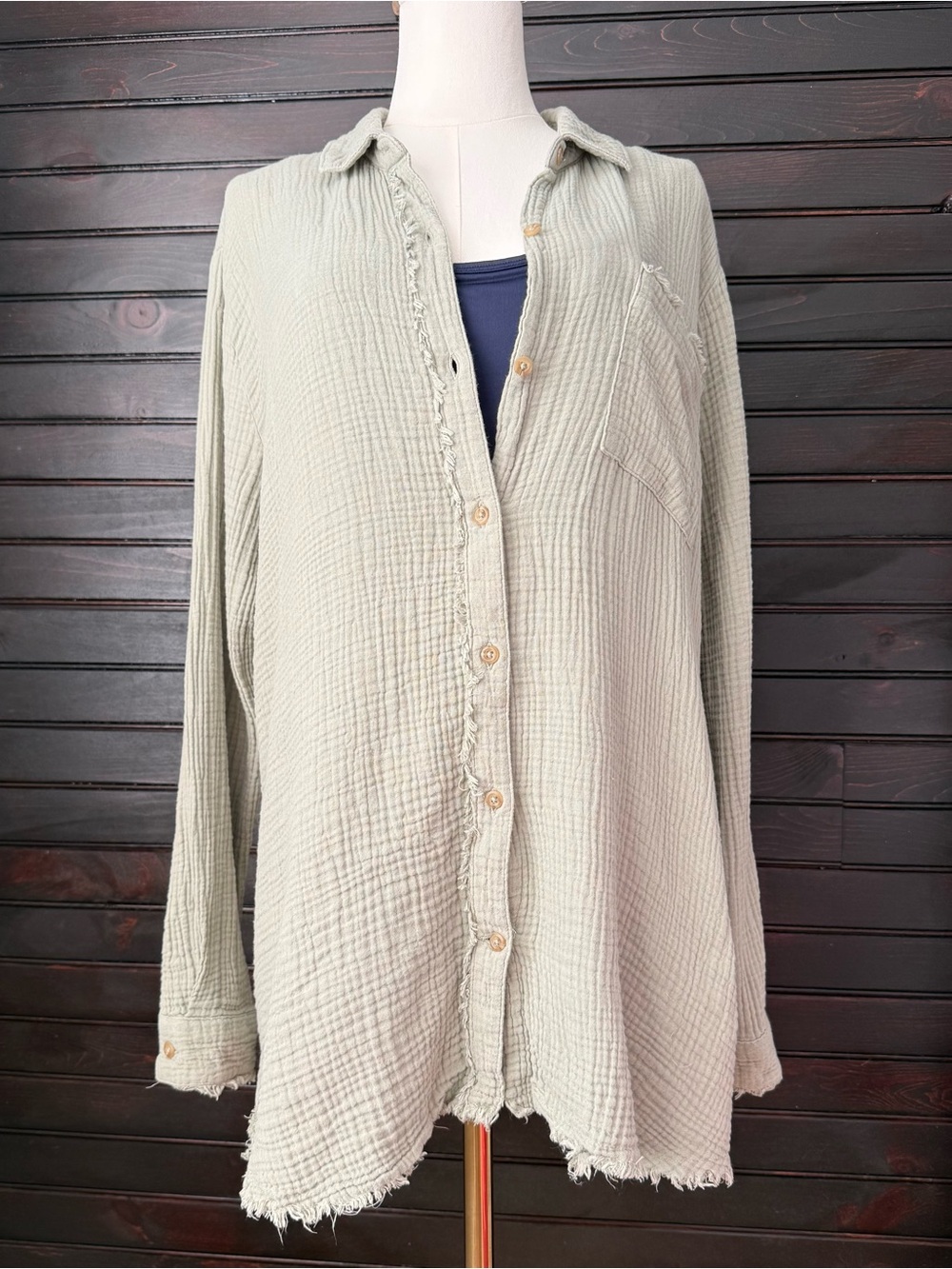Natural Reflections Cotton Gauze Olive/Sage Green Button-Front Fringe Hem Large